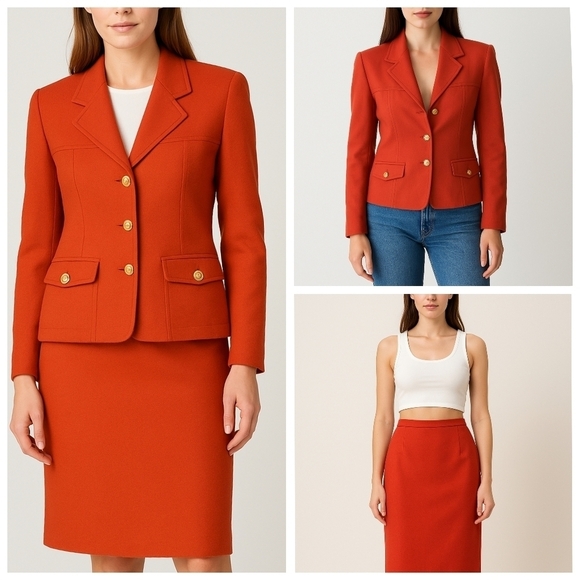 Vintage Dresses & Skirts - Vintage Conrad C Wool Orange Blazer and Pencil Skirt Set